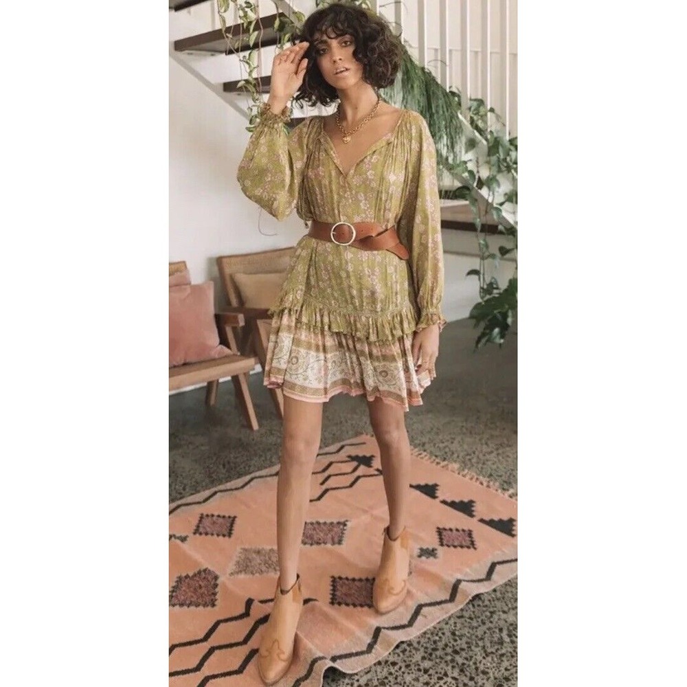 NWT FREE PEOPLE Spell & The Gypsy Dahlia Tunic Floral Dress Sz M Gold Stripe